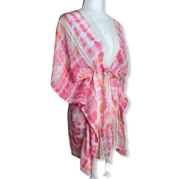 Steve Madden NWT $48 Tie Dye Swim Cover Up ONE SIZE Pink and Orange Crochet NEW - Picture 6 of 10